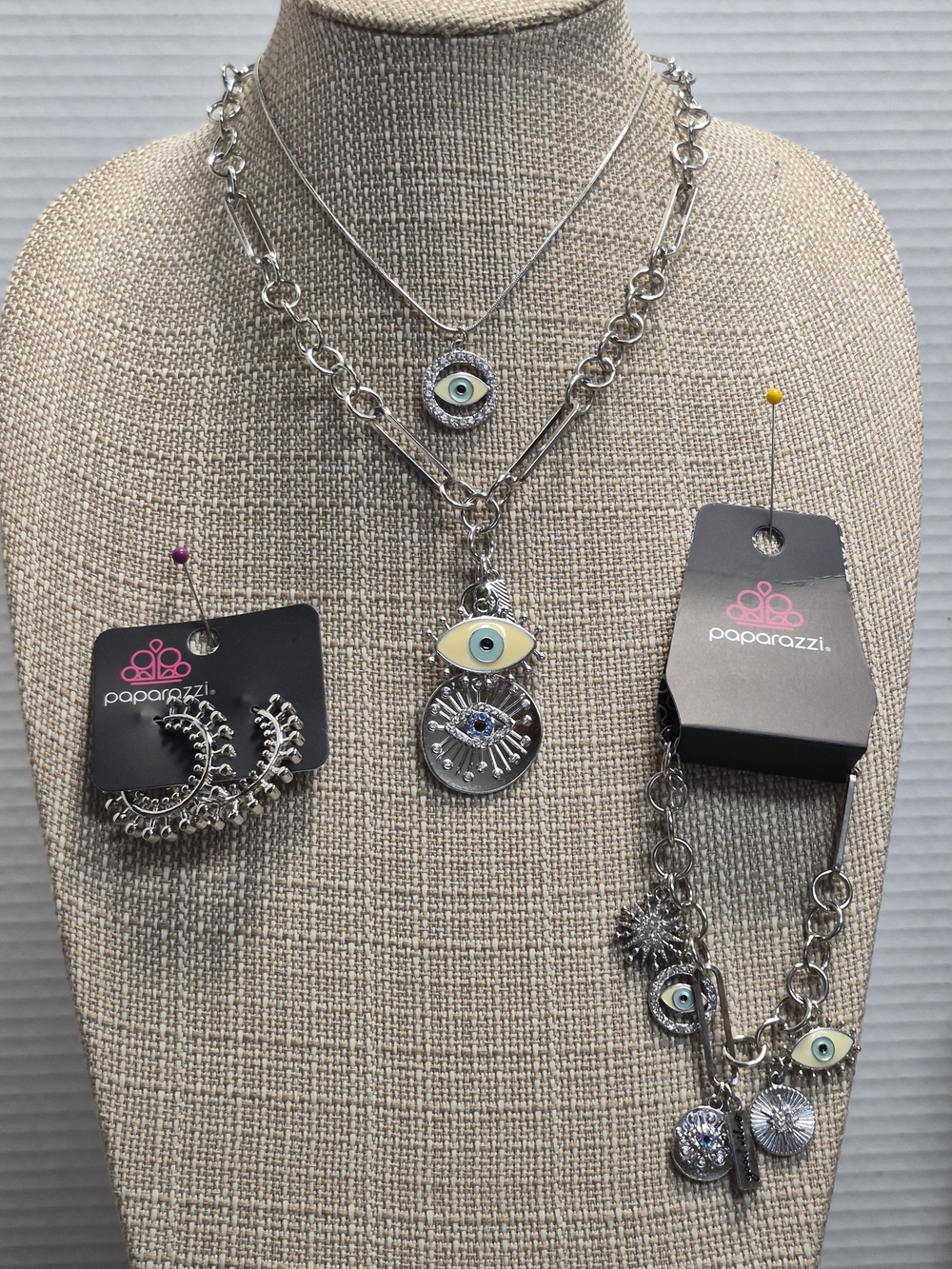 paparazzi Silver Tone Evil Eye Layered Necklace Set with Pale Yellow Accents